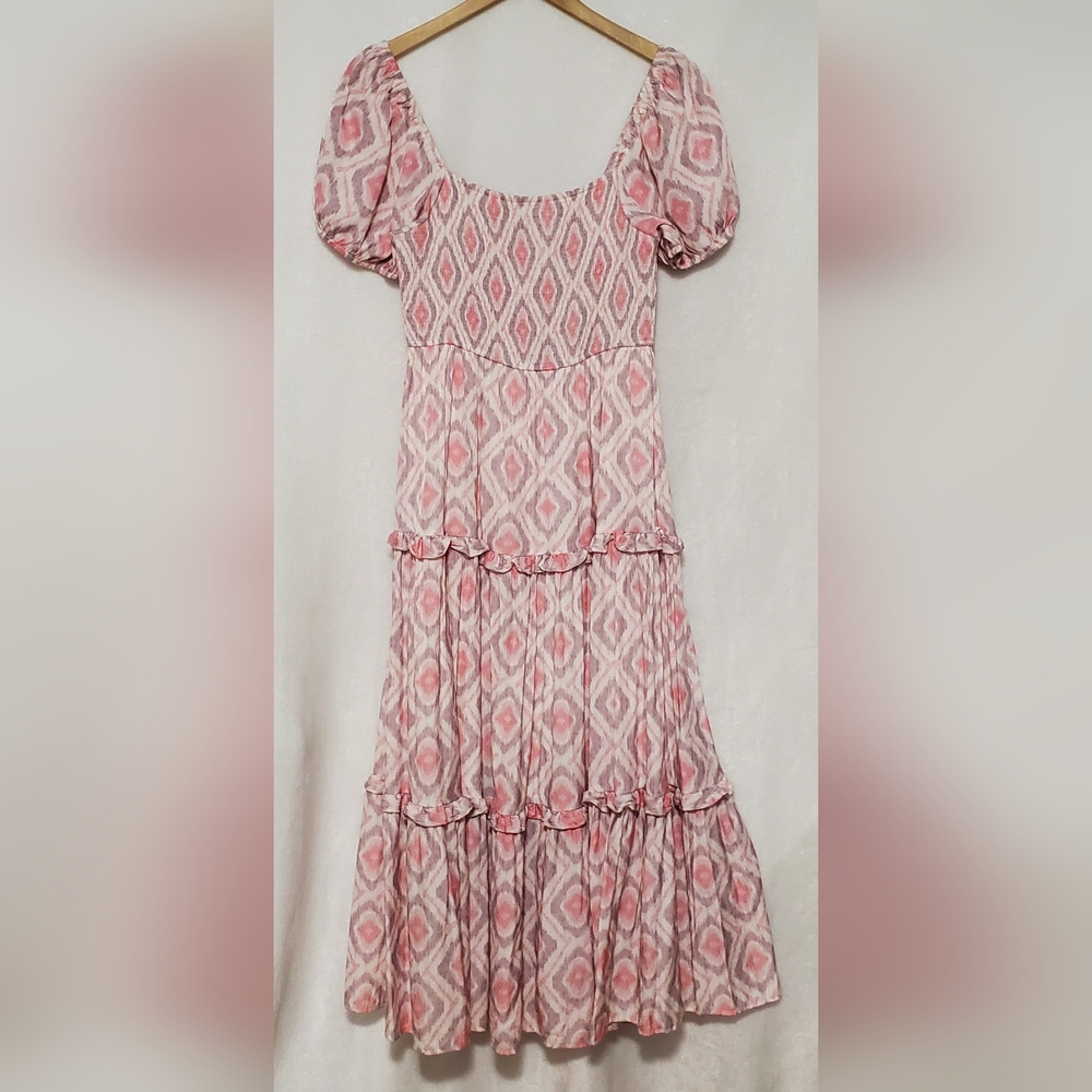 Anthropologie Moon River Smocked Puff Sleeve Pink Dress Size M